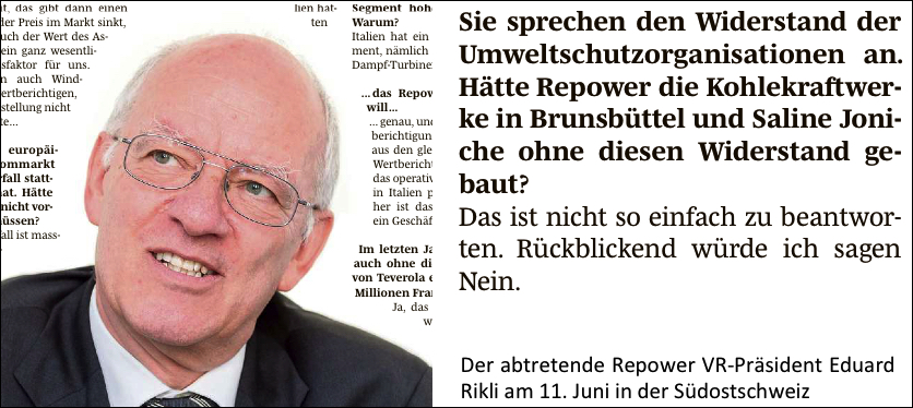 Zeitungsauschnitt eines Interviews mit dem ehemaligen Repower Verwaltungsratspräsidenten der Repower, Eduard Rikli. Montage.