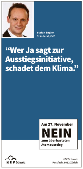 Stefan Engler: «Wer Ja sagt zur Ausstiegsinitiative schadet dem Klima.» Inserat des Hauseigentümerverbands Schweiz, HEV.