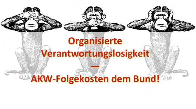 Drei weise Affen mit Text: AKW-Folgekosten dem Bund. Organisierte Verantwortungslogsigkeit.
